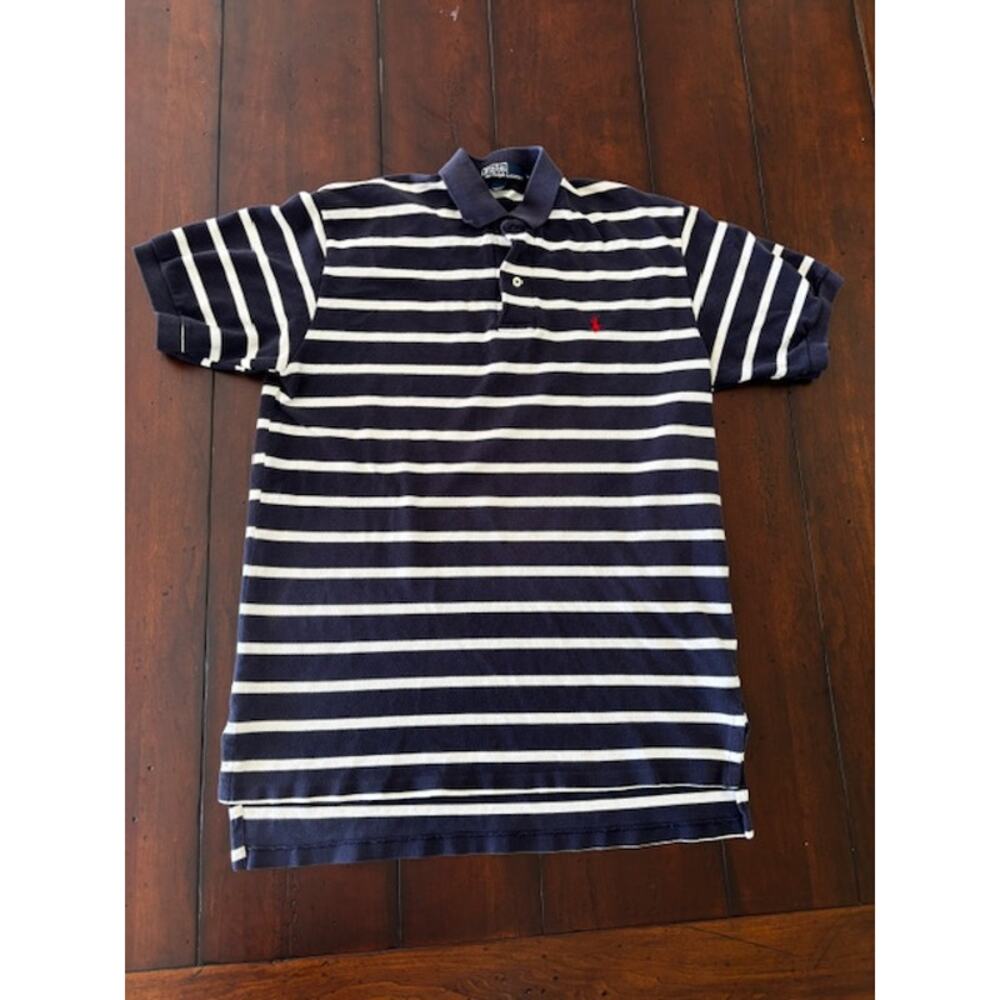 Polo Ralph Lauren Large USA Made Vintage Blue White Stripe Polo Shirt‎ Red Pony